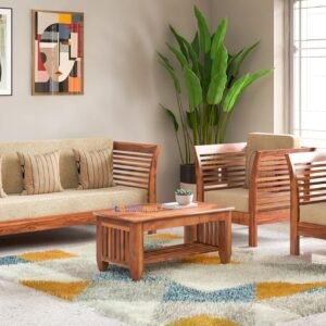 Custom Decor Sheesham Sofa Set for Living Room Wood Furniture | Office | Wooden Sofa Set 3+1+1 | Natural Teak Brown (3+1+1(New) 2)