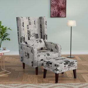 Custom Decor Wooden Wing Chair with Ottoman Stool | Wingback for Living Room | One Seater Sofa | High Density Foam | Accent Chair for Seating, Home Decor Furniture | (Vintage Newsprint, with Ottoman)