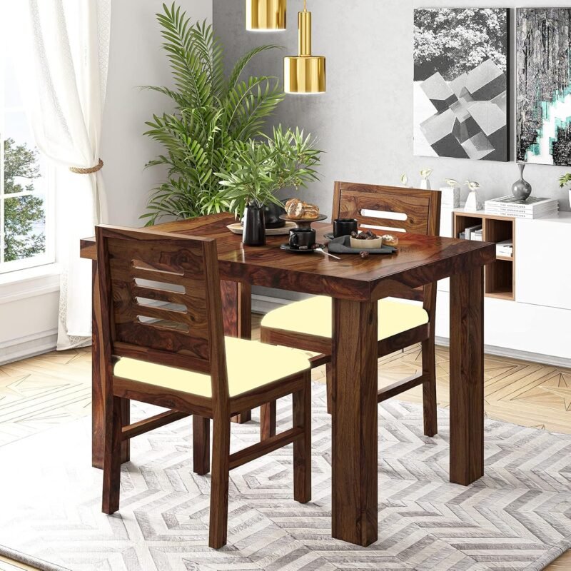 Custom Decor Sheesham Wood Dining Table with 2 Chairs for Living Room | Honey Teak Brown Finish