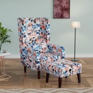Custom Decor Wooden Wing Chair with Ottoman Stool | Wingback for Living Room | One Seater Sofa | High Density Foam | Accent Chair for Seating and Home Decor Furniture | (Floral Frost, with Ottoman)