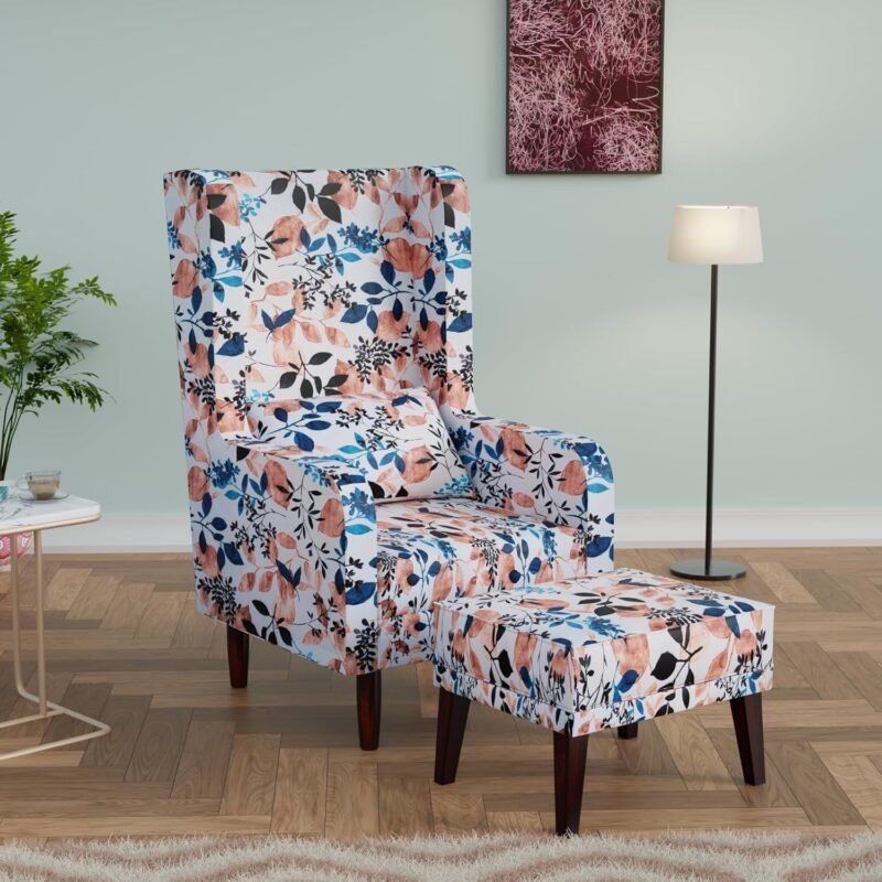 Custom Decor Wooden Wing Chair with Ottoman Stool | Wingback for Living Room | One Seater Sofa | High Density Foam | Accent Chair for Seating and Home Decor Furniture |