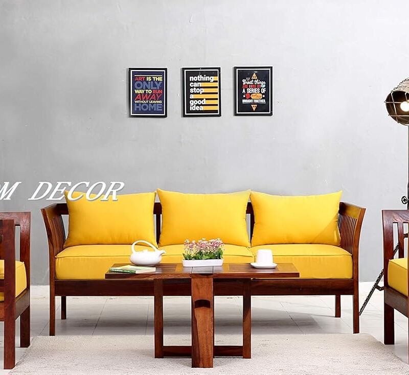 Custom Decor Solid Sheesham Wood 5 Seater Sofa Set for Living Room with Cushions Home and Office Furniture