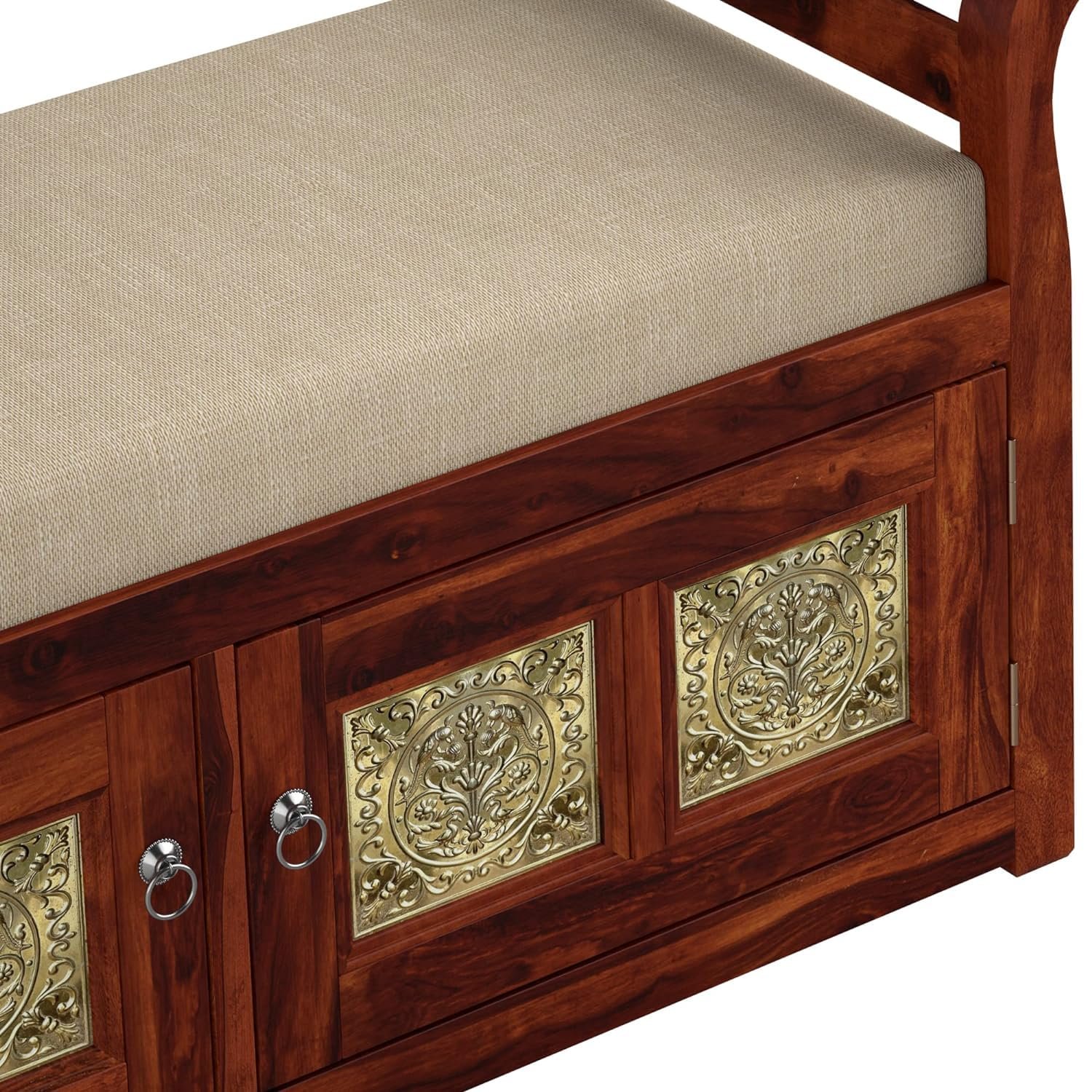 81LOFkwEuEL._SL1500_ Custom Decor Solid Sheesham Wood 2 Seater Bench for Living Room | 2 Door Cabinet Storage for Home | Armrest Bed Bench | Two Seater Sofa Couch | Bed Benches | 4 Golden Tiles | Already Assembled - Image 4