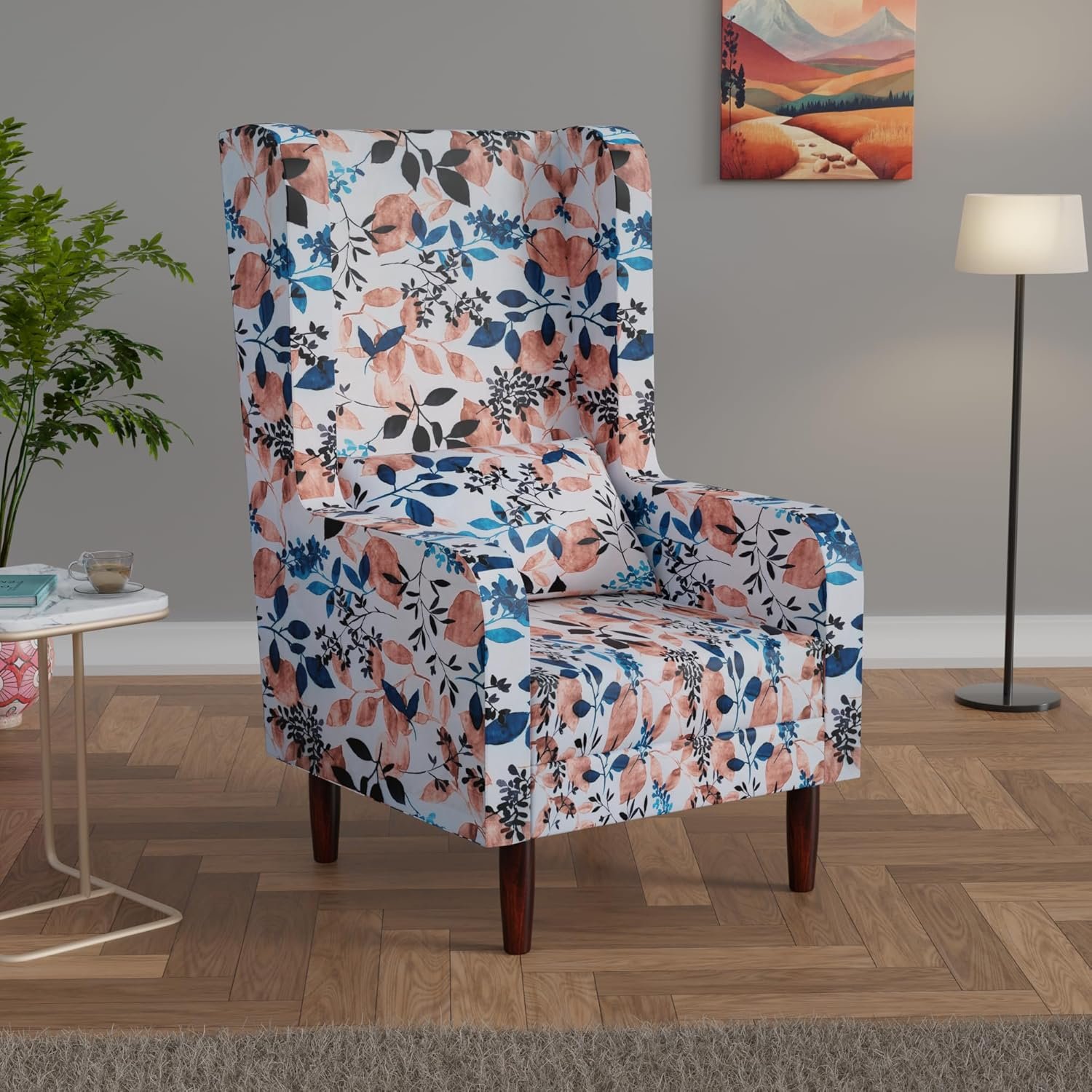 81PqQQEqleL._SL1500_ Custom Decor Wooden Wing Chair with Ottoman Stool | Wingback for Living Room | One Seater Sofa | High Density Foam | Accent Chair for Seating and Home Decor Furniture | (Floral Frost, with Ottoman) - Image 4