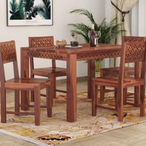 Custom Decor Sheesham Wood Dining Table Set with 4 Chair for Living Room- Honey Finish