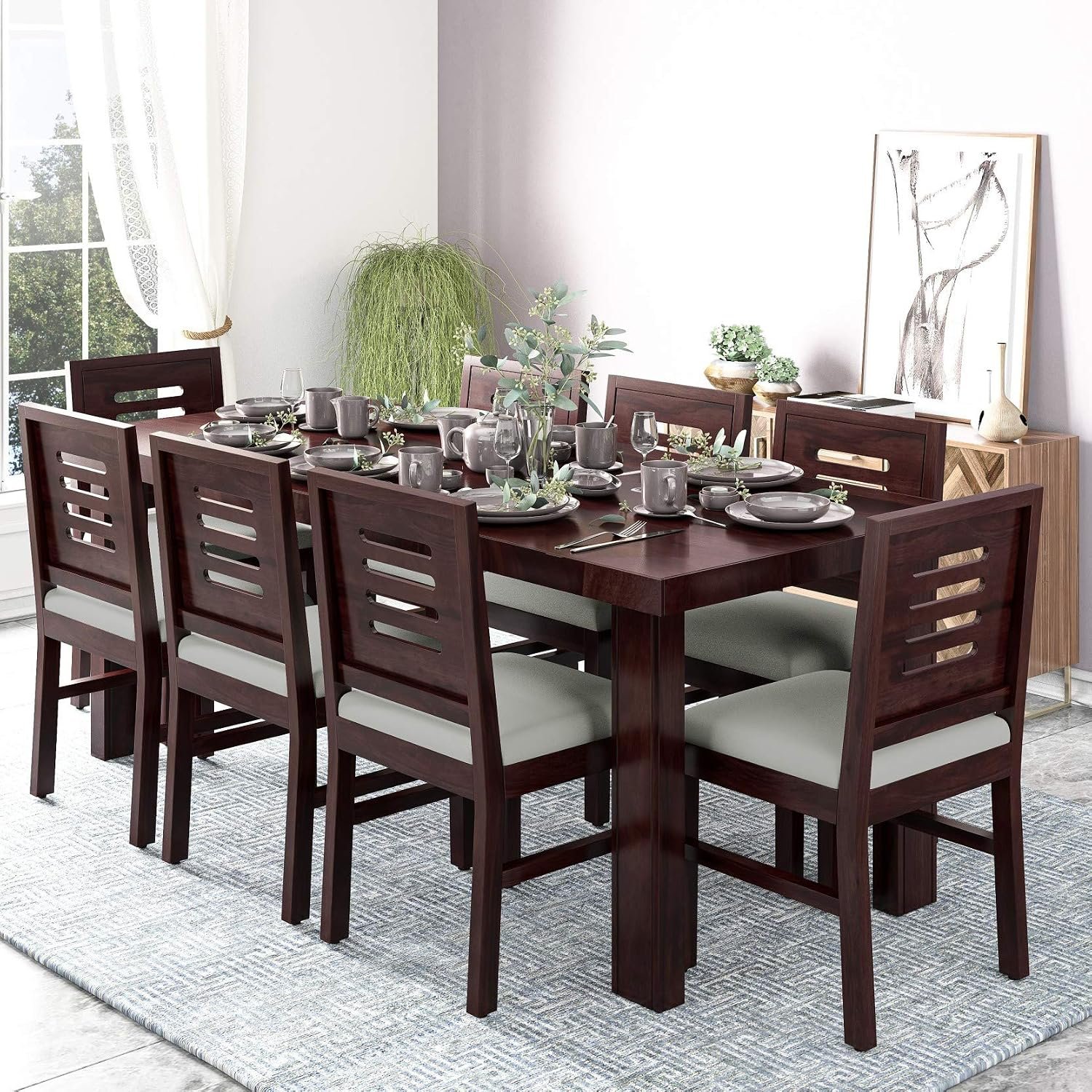 81TYsIhhn+L._SL1500_ Custom Decor Sheesham Wood Wooden Dining Table Set with 8 Chairs | Home and Living Room | Chestnut Finish