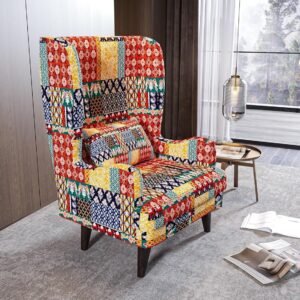 Custom Decor Wooden Wing Chair Without Ottoman Stool | Wingback for Living Room | One Seater Sofa | High Density Foam | Accent Chair for Seating and Home Decor Furniture | (Marwadi, Without Ottoman)