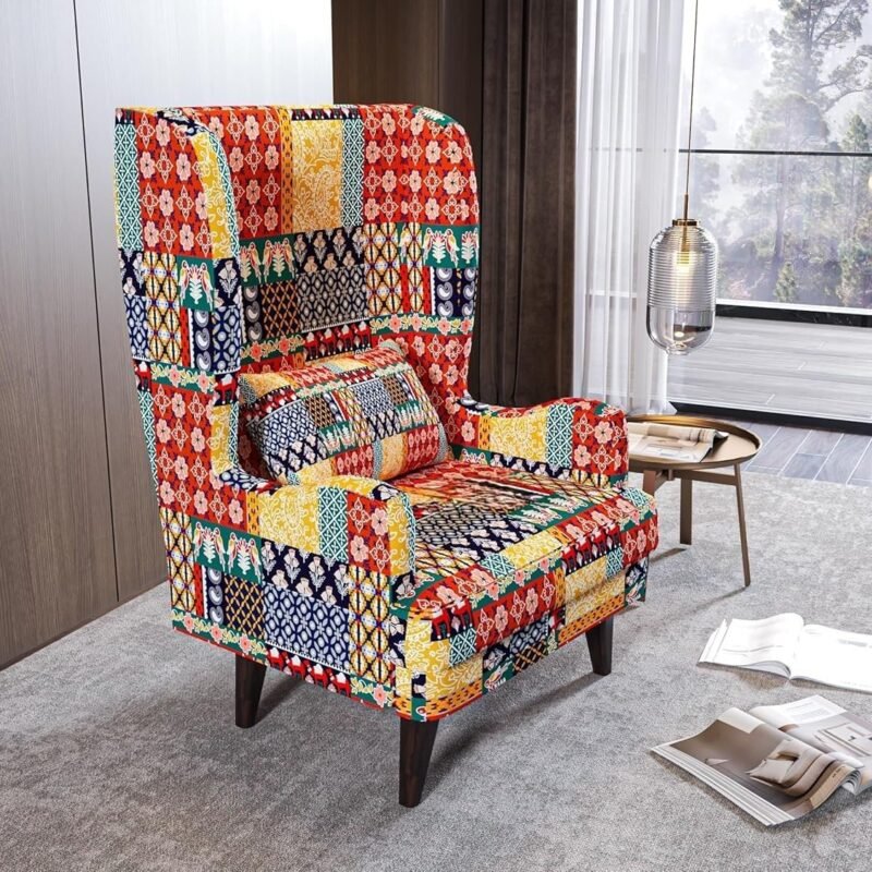 Custom Decor Wooden Wing Chair Without Ottoman Stool | Wingback for Living Room | One Seater Sofa | High Density Foam | Accent Chair for Seating and Home Decor Furniture | (Marwadi, Without Ottoman)