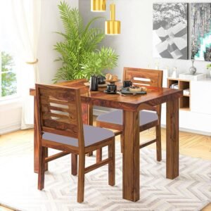 Custom Decor Sheesham Wood Dining Table with 2 Chairs for Living Room | Walnut Finish