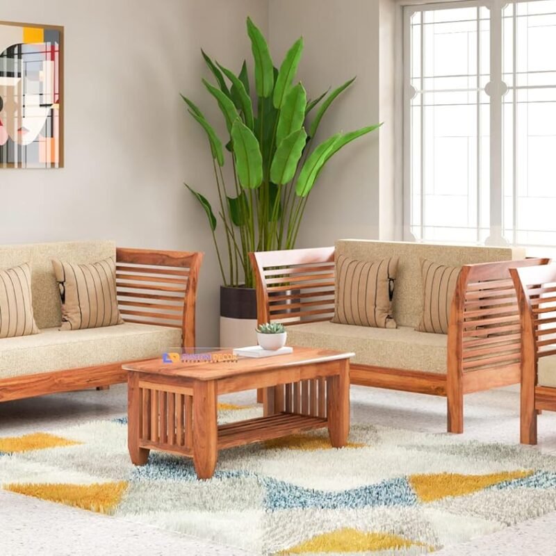 Custom Decor Sheesham Sofa Set for Living Room Wood Furniture | Office | Wooden Sofa Set Natural Teak Brown (3+2+1(New) 2)