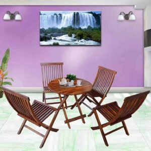 Custom Decor Bistro Round Set Folding Table & Chair Dining Rattan Wicker Outdoor Furniture Seat, 5PC - Brown Honey Teak