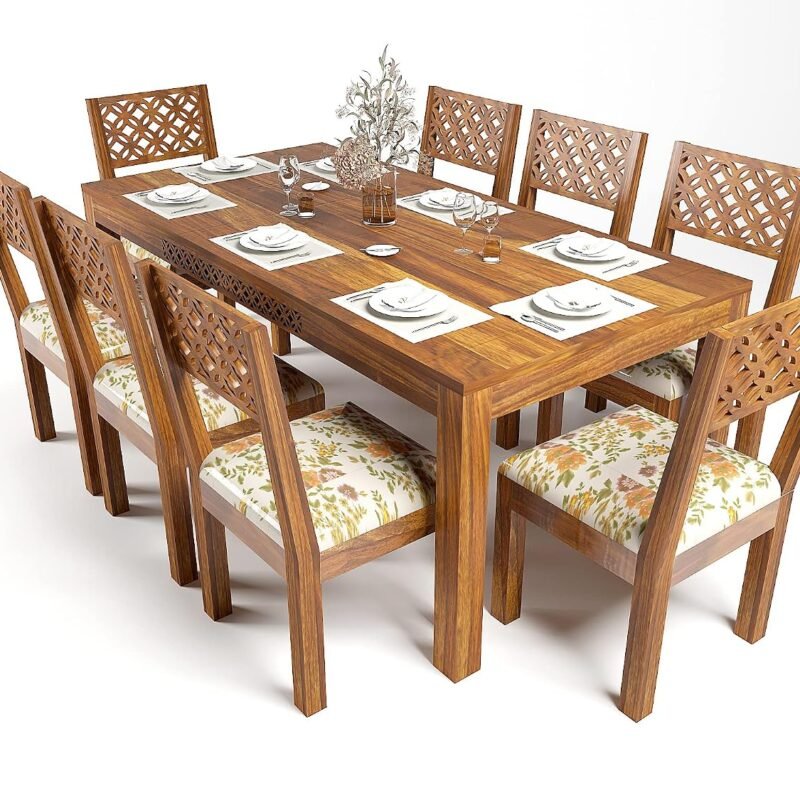 Custom Decor Solid Wood Dining Table 8 Seater with Chair | Dining Room Furniture | Dining Table 8 Seater Set Wooden | Dining Table Set | Sheesham Wood | Teak Finish