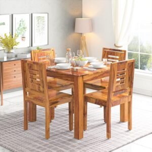 Custom Decor Solid Sheesham Dining Table Set with 4 Chairs and 1 Table- Honey Teak Brown