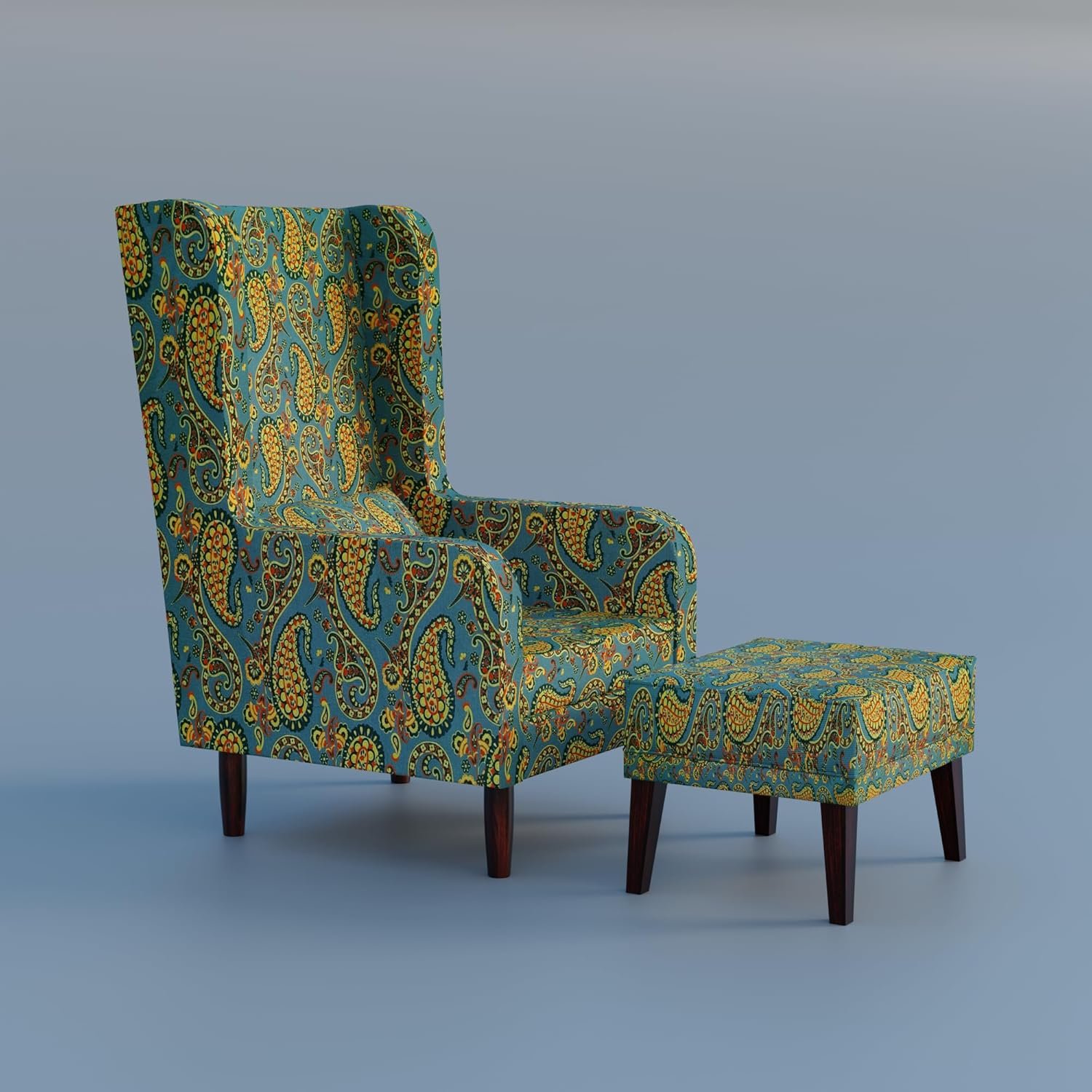 81b7frucI3L._SL1500_ Custom Decor Wooden Wing Chair with Ottoman Stool | Wingback for Living Room | One Seater Sofa | High Density Foam | Accent Chair for Seating and Home Decor Furniture | (Peacock Paisley, With Ottoman) - Image 5