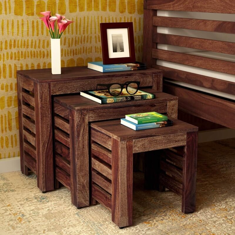Custom Decor Sheesham Wood Nesting Table Set of 3 Stools for Home - Teak Finish