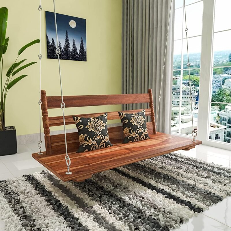 Custom Decor Three Seater Swing Wooden Jhula Spar | 62 Inch | Home Indoor Wooden Jhula- Natural Teak Wood Finish