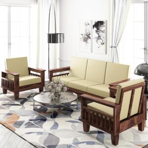 Custom Decor Sheesham Wood 3+1+1 5 Seater Sofa Set for Living Room | Solid Wood Sofa with Cushions and Storage | DIY Assembly - All Accessories Included (Honey-Beige)