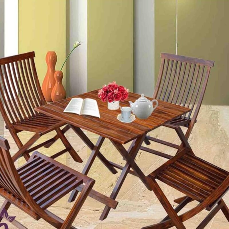 Custom Decor Bistro Square Set Folding Table & Chair Dining Rattan Wicker Outdoor Furniture Seat, 5PC - Brown Honey Teak