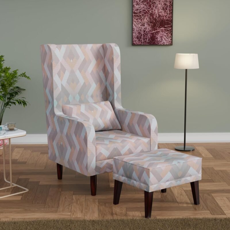 Custom Decor Wooden Wing Chair with Ottoman Stool | Wingback for Living Room | One Seater Sofa | High Density Foam | Accent Chair for Seating and Home Decor Furniture | (Twilight Prism, with Ottoman)
