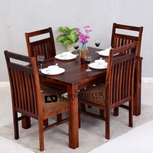 Custom Decor Rectangle sheesham Wood Standard Dining Table 4 Seater | Wooden Dining Room Furniture | 4 Chairs with Cushion | Honey Teak Brown Finish