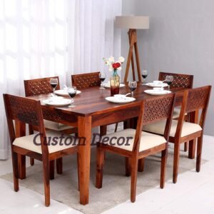 Custom Decor CNC Cuting Sheesham Wood Dining Table 6 Seater | Wooden Dining Room Furniture | 6 Chairs with Cushion | Honey Teak Brown Finish