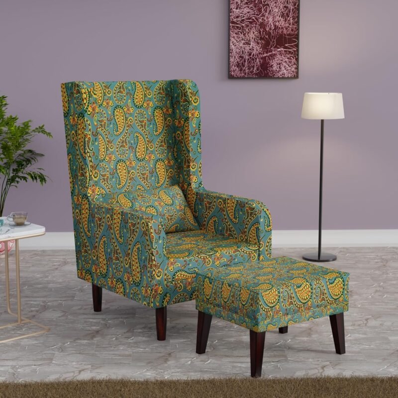 Custom Decor Wooden Wing Chair with Ottoman Stool | Wingback for Living Room | One Seater Sofa | High Density Foam | Accent Chair for Seating and Home Decor Furniture | (Peacock Paisley, With Ottoman)