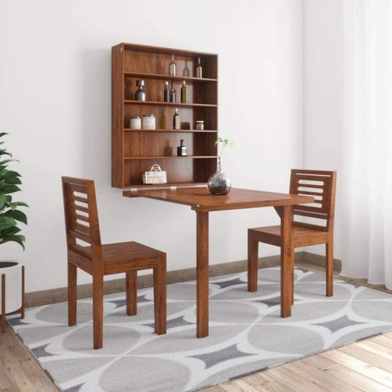 Custom Decor Sheesham Wood Folding Dining Table for Living Room with 2 Chairs | Provincial Teak Finish