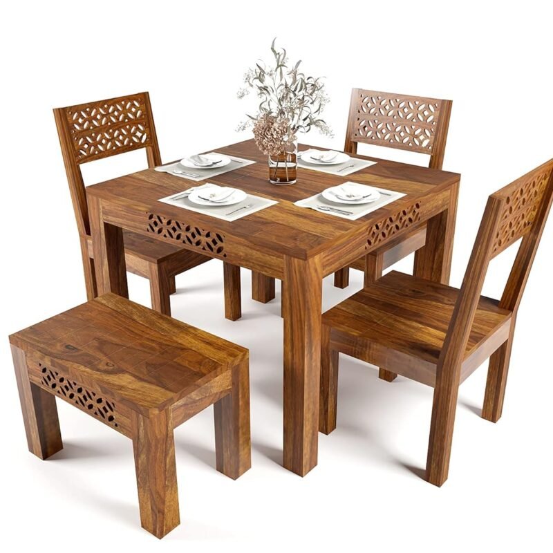 Custom Decor Solid Wood CNC 4 Seater Dining Set in Provincial Teak Finish Dining Set and Chairs (4 Seater Dining Table, 3X3 Dining Table with Bench TOP)