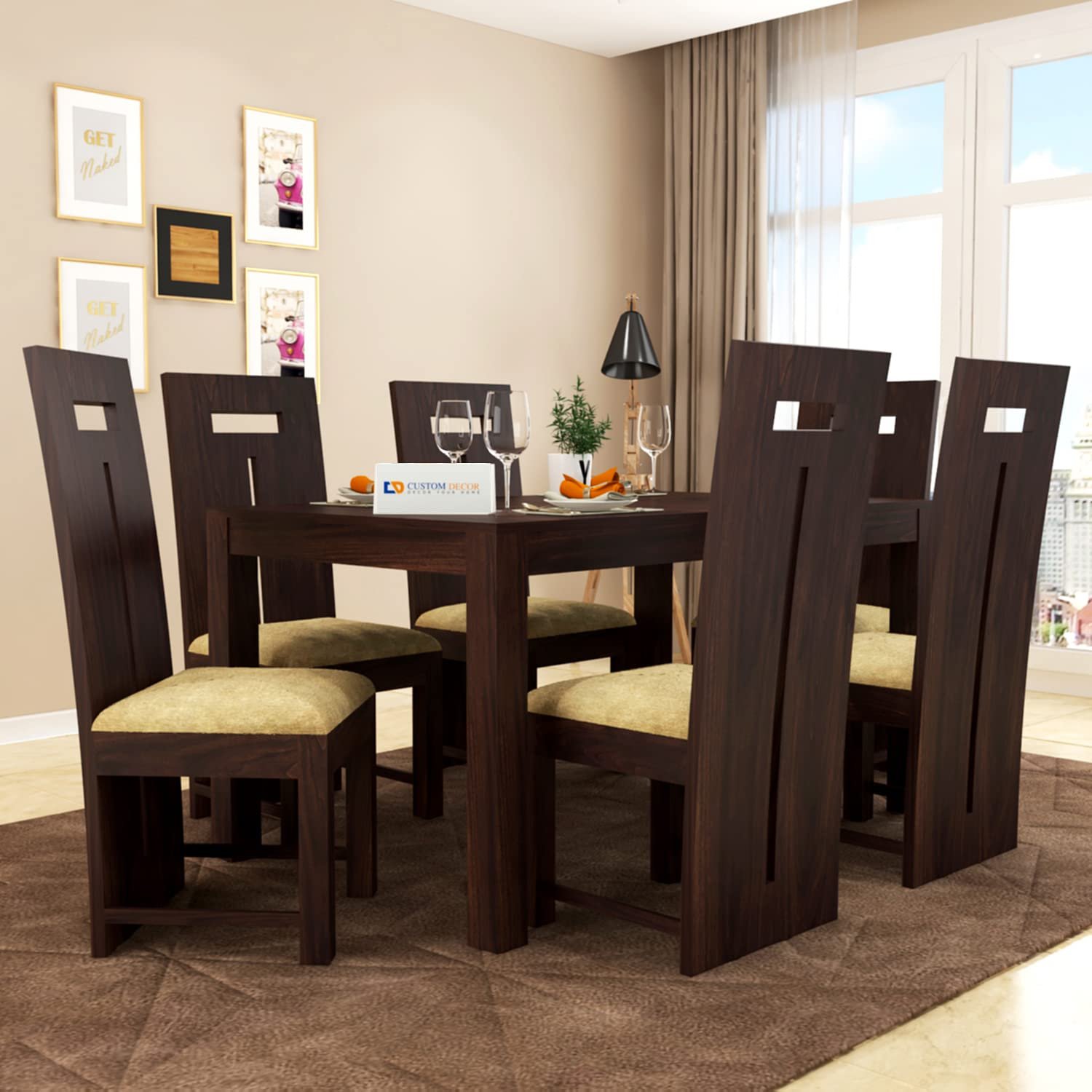 fvbhfhfyht Custom Decor Solid Wood Dining Table Set with T-Folster Six Chairs with Beige Cushions Dining Room Furniture | Finish - Warm Chestnut
