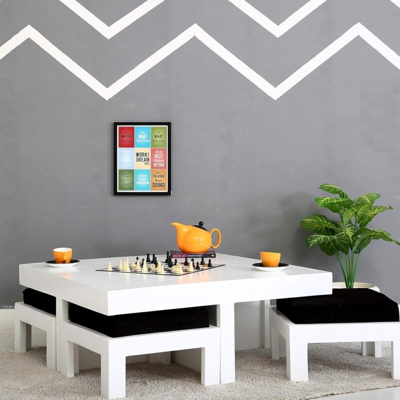 Custom Decor Sheesham Wood Square Coffee Table for Living Room | Wooden Center Table with 4 Stools | White Finish