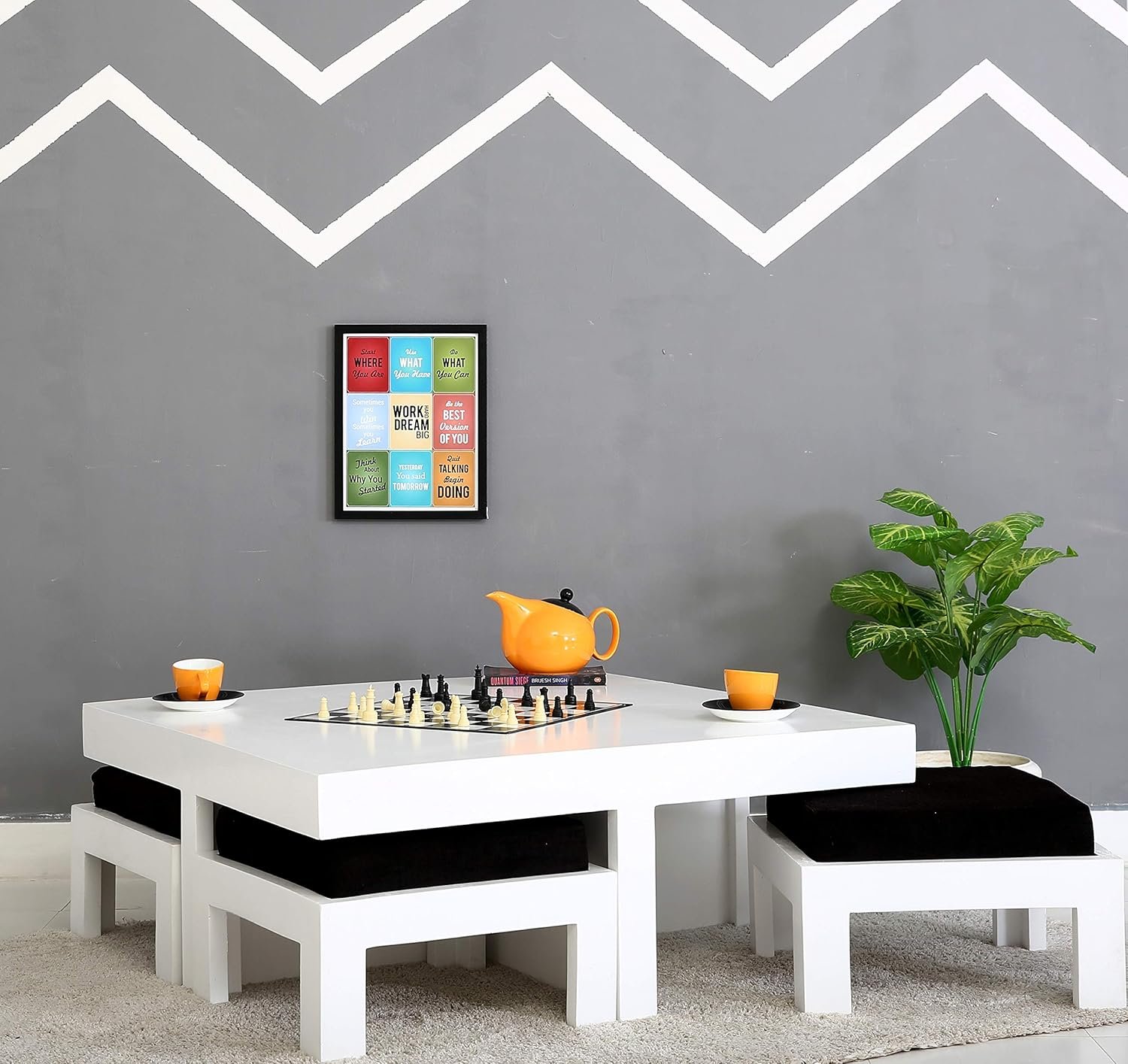 jhkgfdsasa Custom Decor Sheesham Wood Square Coffee Table for Living Room | Wooden Center Table with 4 Stools | White Finish