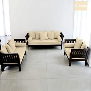 Custom Decor Solid Extra Spacious Sheesham Wood Sofa Set | Wooden Sofa Set | Living Room Furniture (3+1+1, Brown)- Walnut Finish Creame