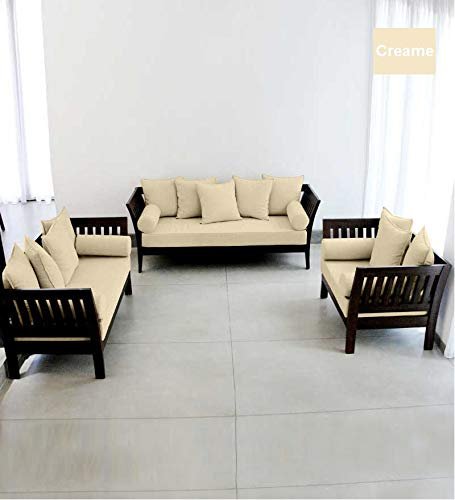 Custom Decor Solid Extra Spacious Sheesham Wood Sofa Set | Wooden Sofa Set | Living Room Furniture (3+1+1, Brown)- Walnut Finish Creame