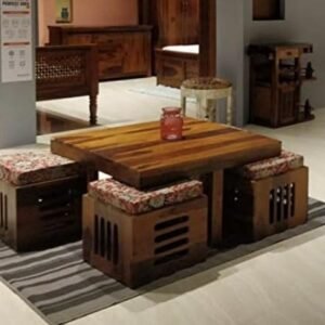 Custom Decor Wooden Coffee Table with 4 Stools for Living Room | Matt Polish Finish, with Cushion- Honey Finish