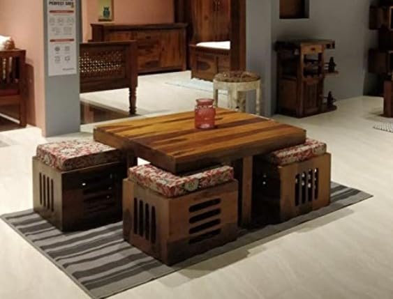 tgtgtgyhyhju Custom Decor Wooden Coffee Table with 4 Stools for Living Room | Matt Polish Finish, with Cushion- Honey Finish