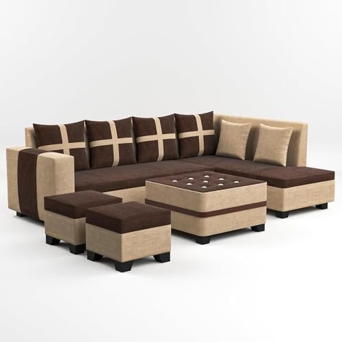 41rA8yhtshL RECTART Luxe 8 Seater L Shape Sofa Set with 2 Ottoman, 6 Small Pillow and Coffee Table for Living Room Furniture Brown & Cream Wood - Image 3