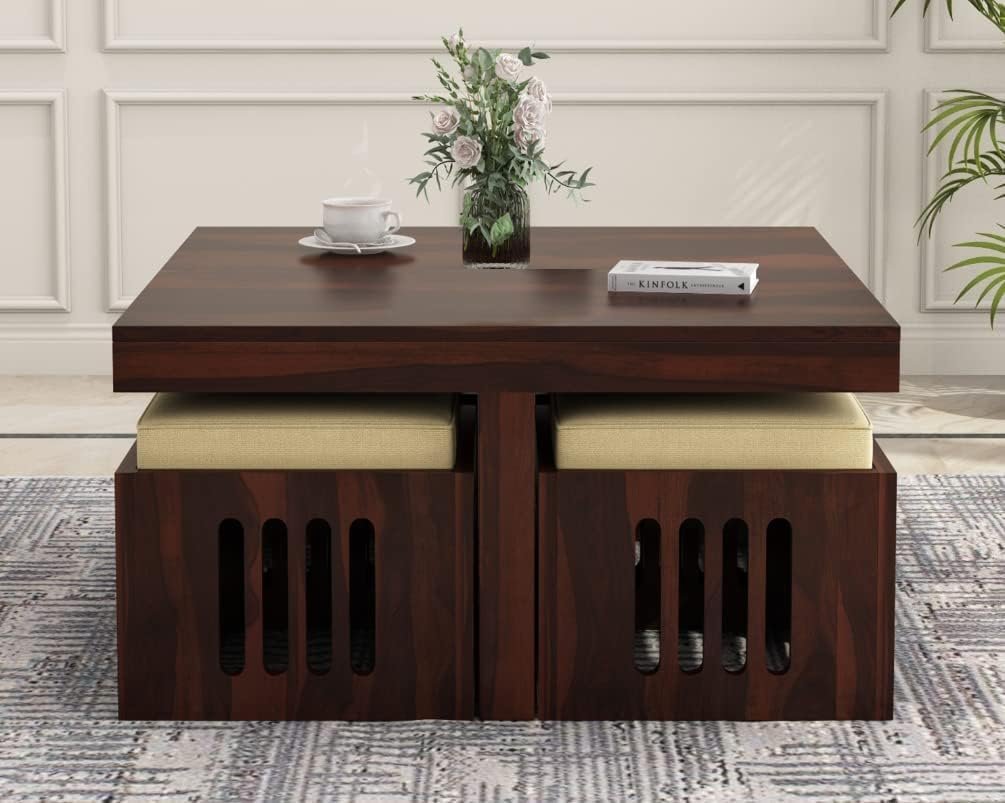 Soild Sheesham Wood Centre Coffee Table with 4 Stools for Living Room Hall Bedroom Office|Wooden Center Coffee Table for Outdoor Garden Home (ChaarStool-W - Image 4
