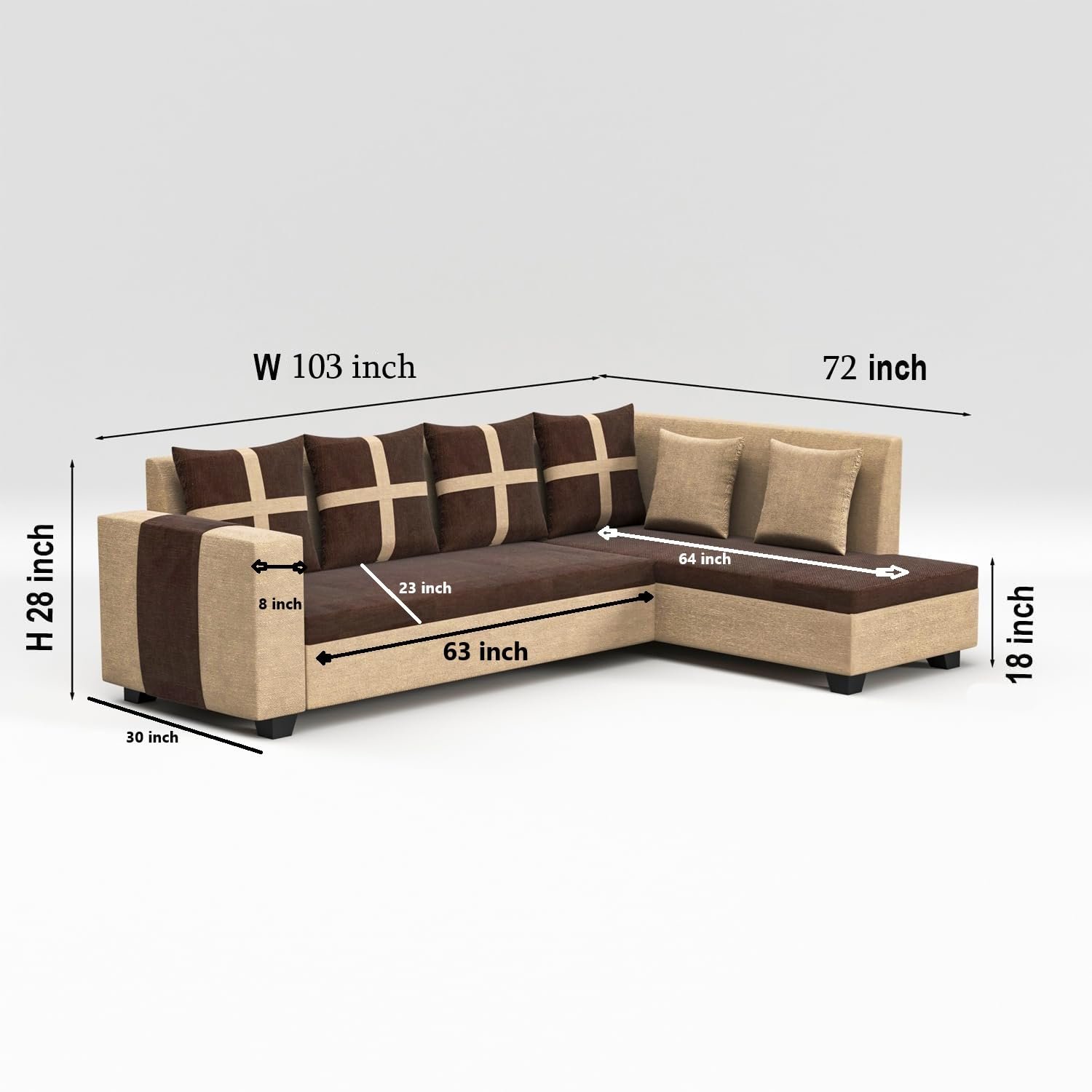61cHnCpnDwL._SL1500_ RECTART Luxe 8 Seater L Shape Sofa Set with 2 Ottoman, 6 Small Pillow and Coffee Table for Living Room Furniture Brown & Cream Wood - Image 6