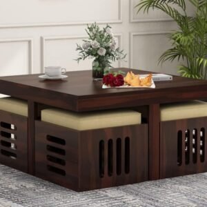 Soild Sheesham Wood Centre Coffee Table with 4 Stools for Living Room Hall Bedroom Office|Wooden Center Coffee Table for Outdoor Garden Home (ChaarStool-W