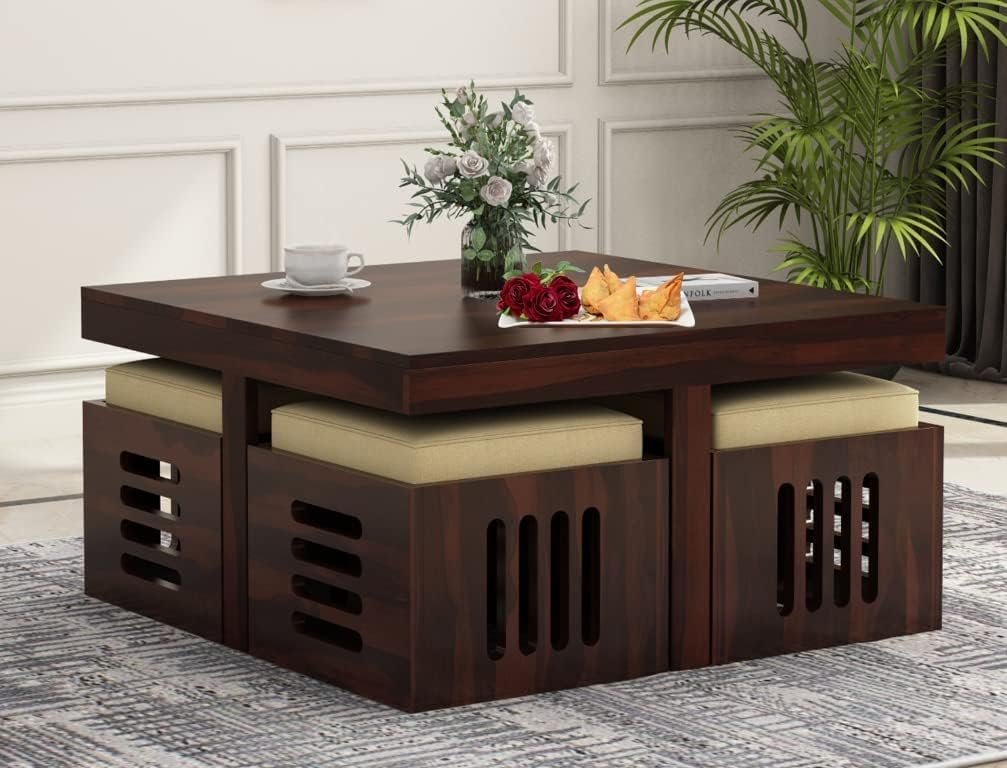 Soild Sheesham Wood Centre Coffee Table with 4 Stools for Living Room Hall Bedroom Office|Wooden Center Coffee Table for Outdoor Garden Home (ChaarStool-W