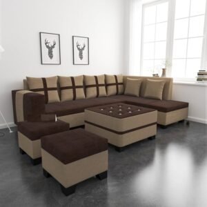 RECTART Luxe 8 Seater L Shape Sofa Set with 2 Ottoman, 6 Small Pillow and Coffee Table for Living Room Furniture Brown & Cream Wood