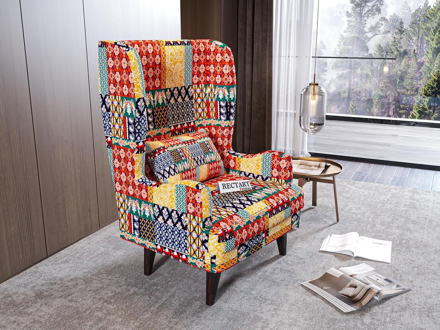 RECTART Wooden Wing Chair | Wingback Chair for Living Room one Seater Sofa | Luxury Rest Chairr- 1 Seater High Density Foam, Seating and Home Decor Furniture (Marwadi Print)